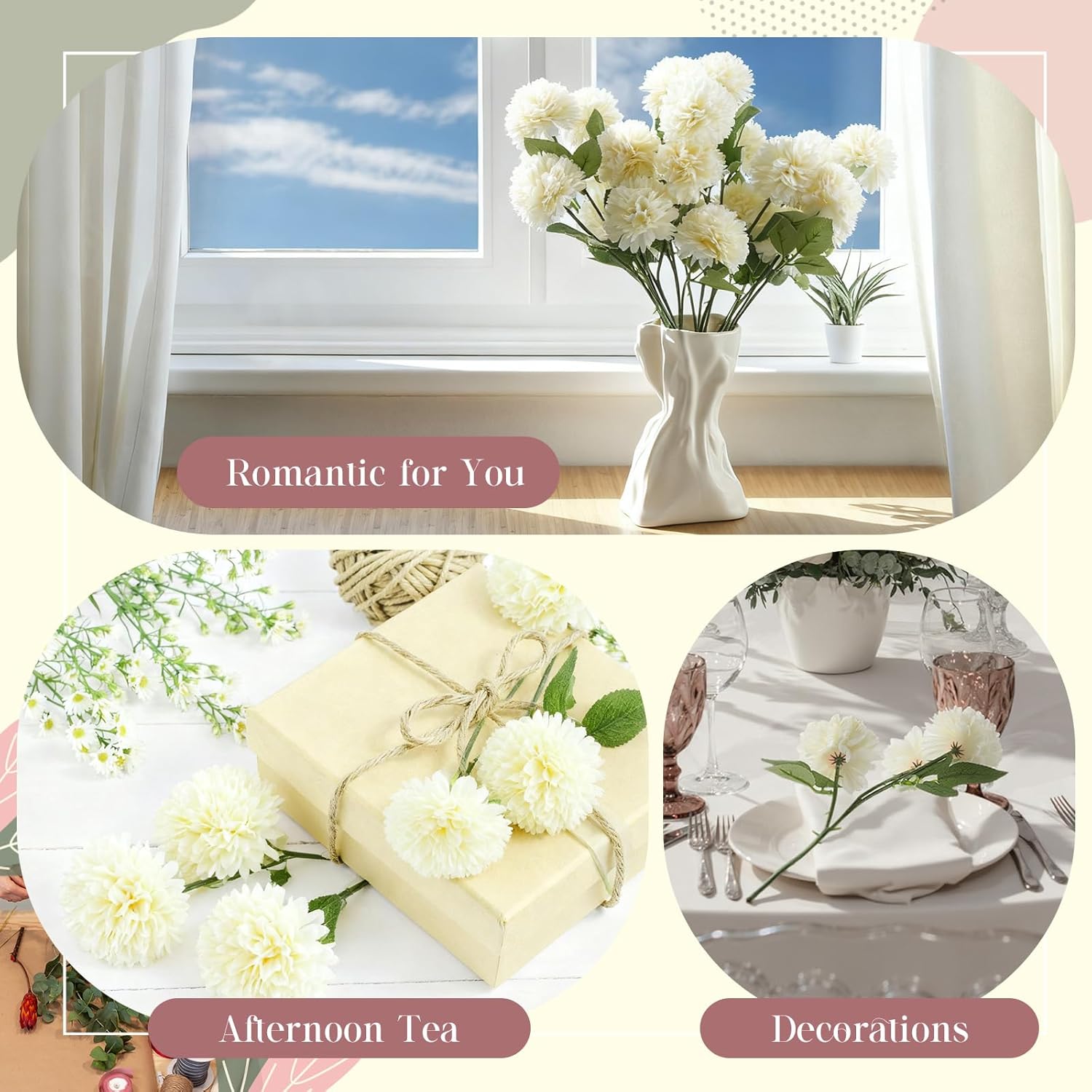 48 Heads Artificial Chrysanthemum Flowers Bouquets Plastic Hydrangea Silk Mums Hydrangea Wedding Bouquets For Home Garden Party Office Decoration Table Floral Centerpieces (Champagne)