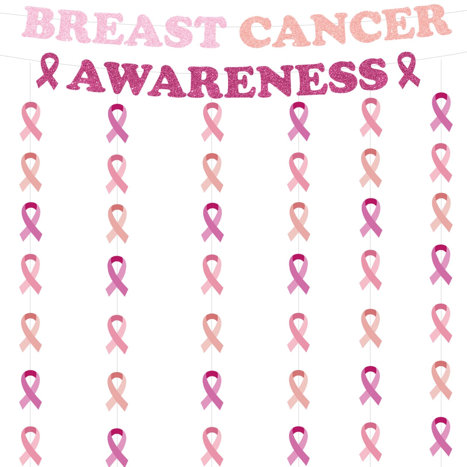 Breast Cancer Awareness Decorations, Pink Ribbon Party Supplies with 2 Banner Garlands and 6 Streamer Curtains, Breast Cancer Awareness Month Decor for Charity Survivor Fundraising Event