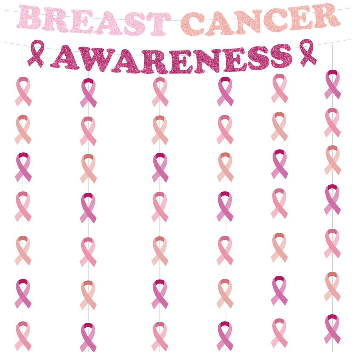 Breast Cancer Awareness Decorations, Pink Ribbon Party Supplies with 2 Banner Garlands and 6 Streamer Curtains, Breast Cancer Awareness Month Decor for Charity Survivor Fundraising Event