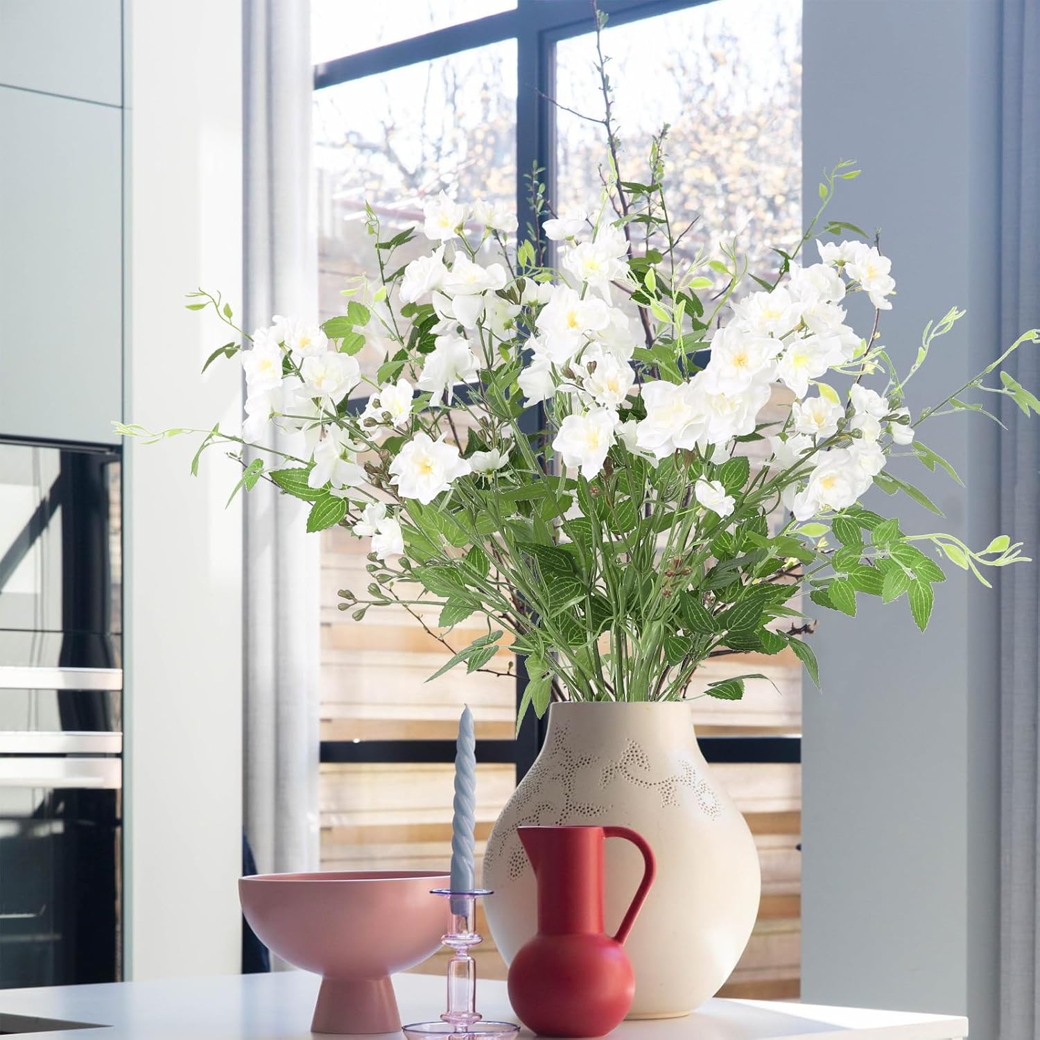 White Delphinium Artificial Flowers 7Pcs Delphiniums Silk Artificial Flowers With Clematis Leaves Long Stem Fake Flowers For Tall Vase Wedding Centerpieces Home Decor(White)