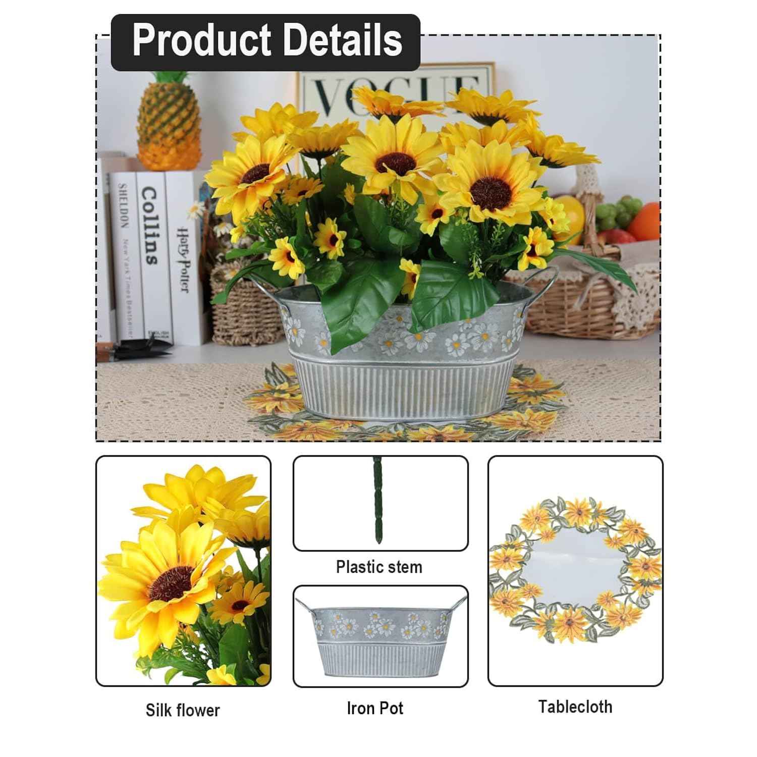 Sunflowers Artificial Flowers In Plant Pots With Table Mat - Fake Sunflower Pot Table Centerpieces, Faux Silk Sunflower Arrangement Farmhouse Decorations For Wedding, Party, Dining Room