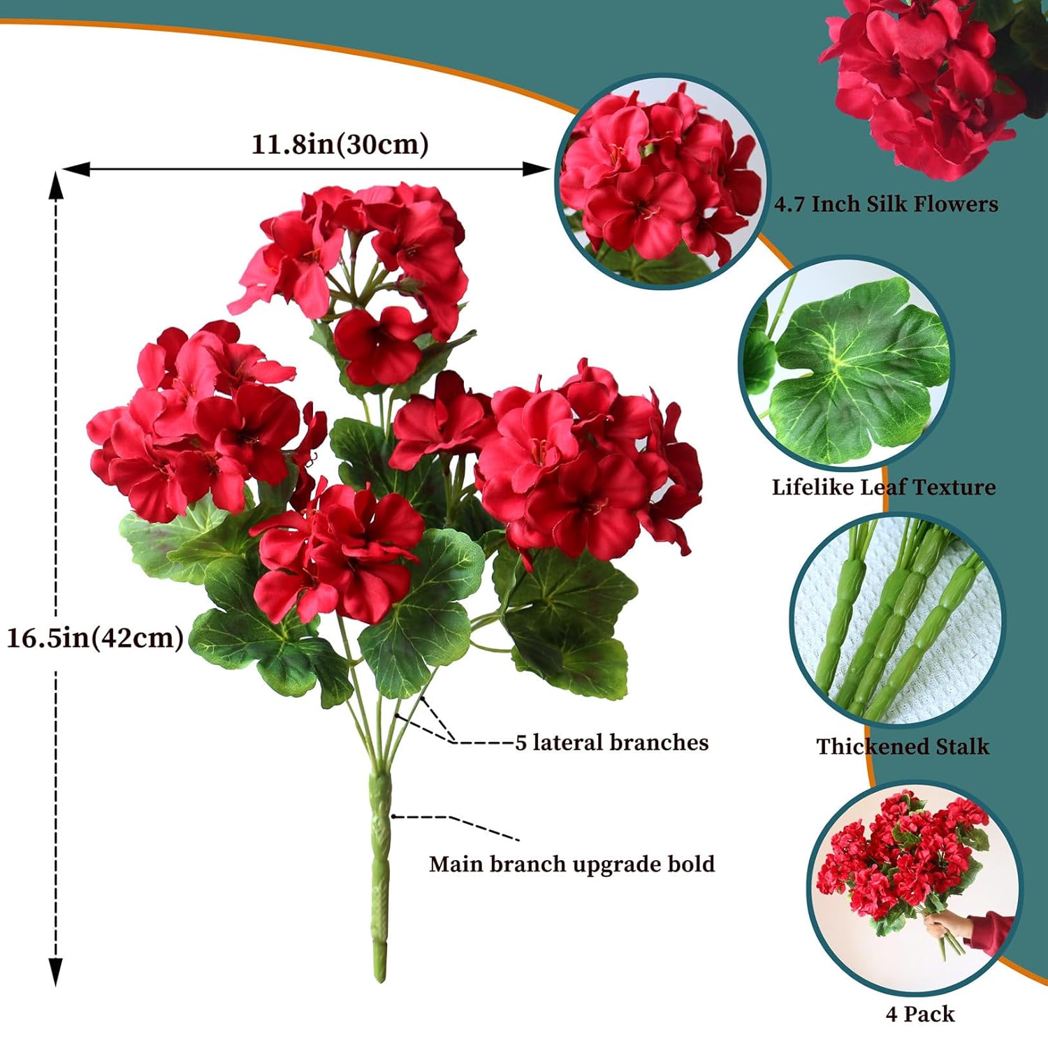 4Pcs Realistic Outdoor Artificial Fake Geraniums Silk Flowers Plants, Uv Resistant, No Fade, Look Real Outside Faux Plastic Greenery Red Flowers For Garden Porch Patio Window Box Hanging Planter