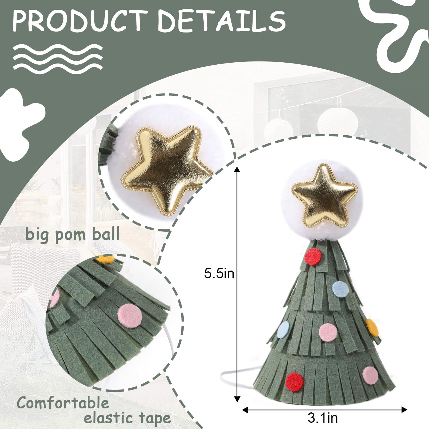 Christmas Tree Party Hat - 1St Birthday Hat, Pet Hat, Winter Birthday Decor (Green Christmas Tree Hat)