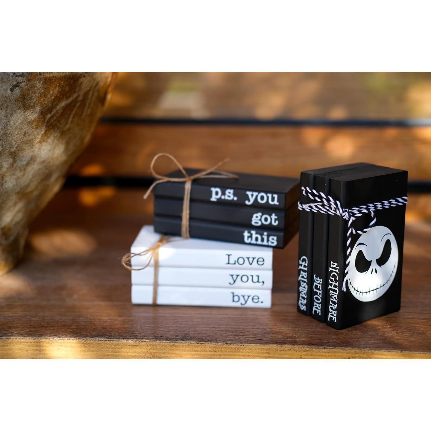 Mini Black Halloween Tiered Tray Decor Wood Decorative Book Stack, Rustic Farmhouse Faux Books Bundle For Home Table Mantle Shelf Decoration Nightmare Before Christmas Sign