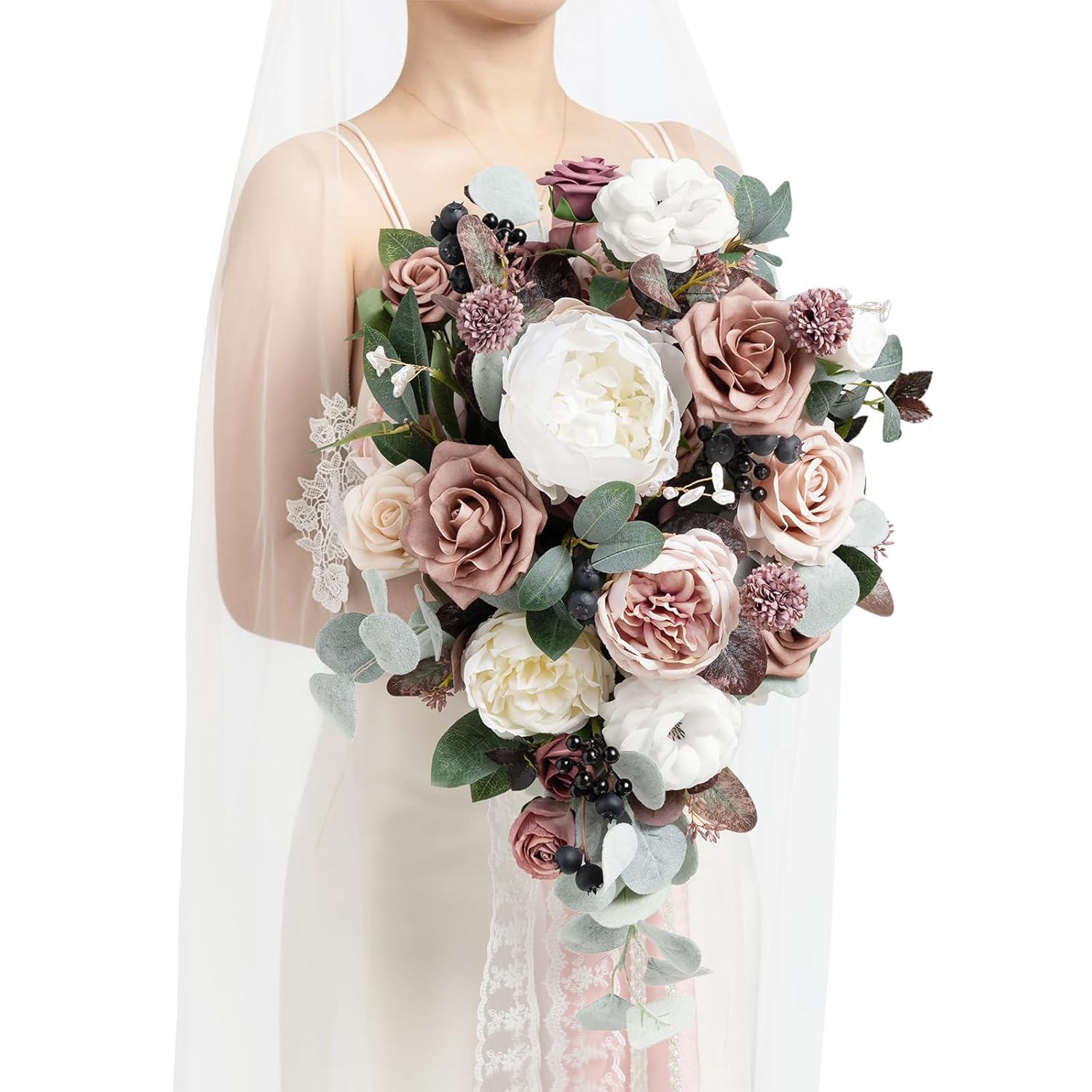 Pink Wedding Bouquets For Bride, Dusty Rose And Mauve Bridal Bouquets For Bride, 15 Inch Free Form Artificial Wedding Flowers Bouquets