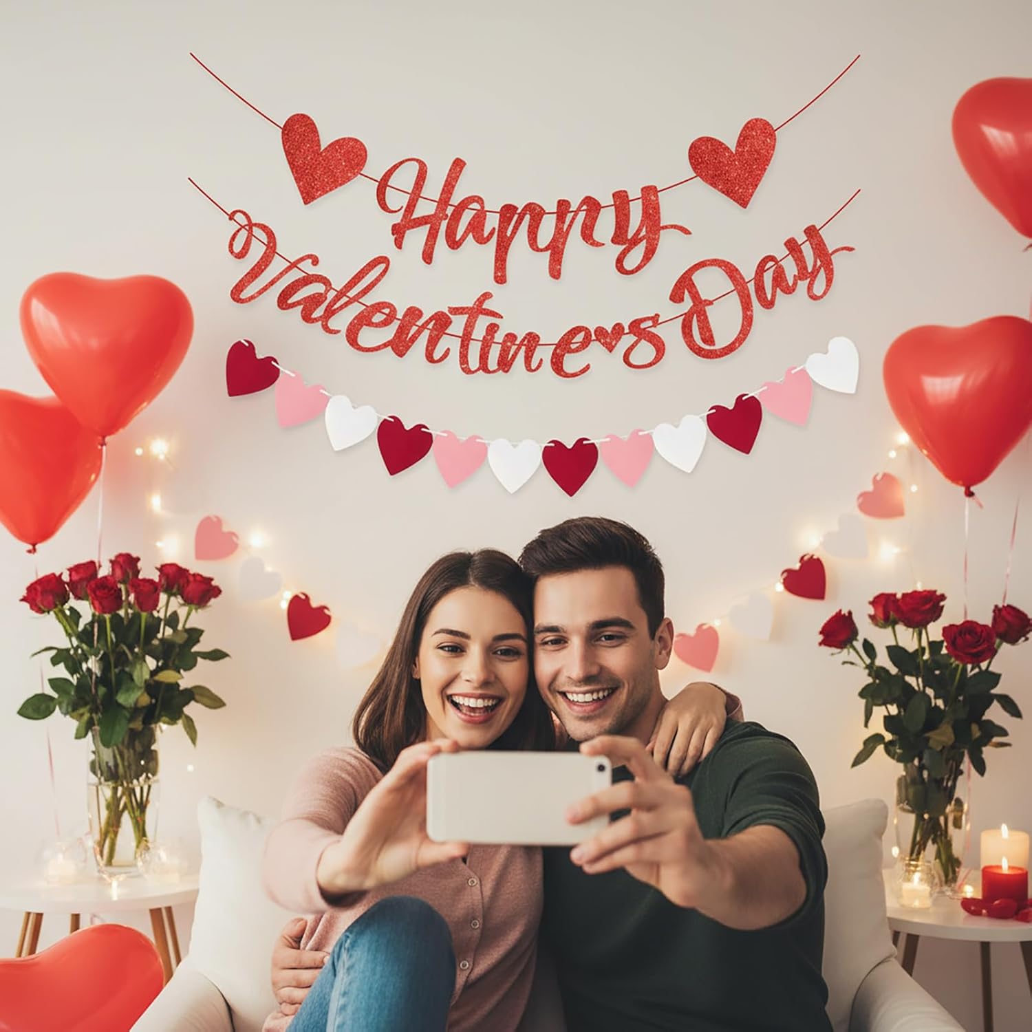 Glitter Red Happy Valentines Day Banner Red And Pink Heart Garland Banner, No Diy For Romantic Day Party Decorations