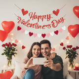Glitter Red Happy Valentines Day Banner Red And Pink Heart Garland Banner, No Diy For Romantic Day Party Decorations