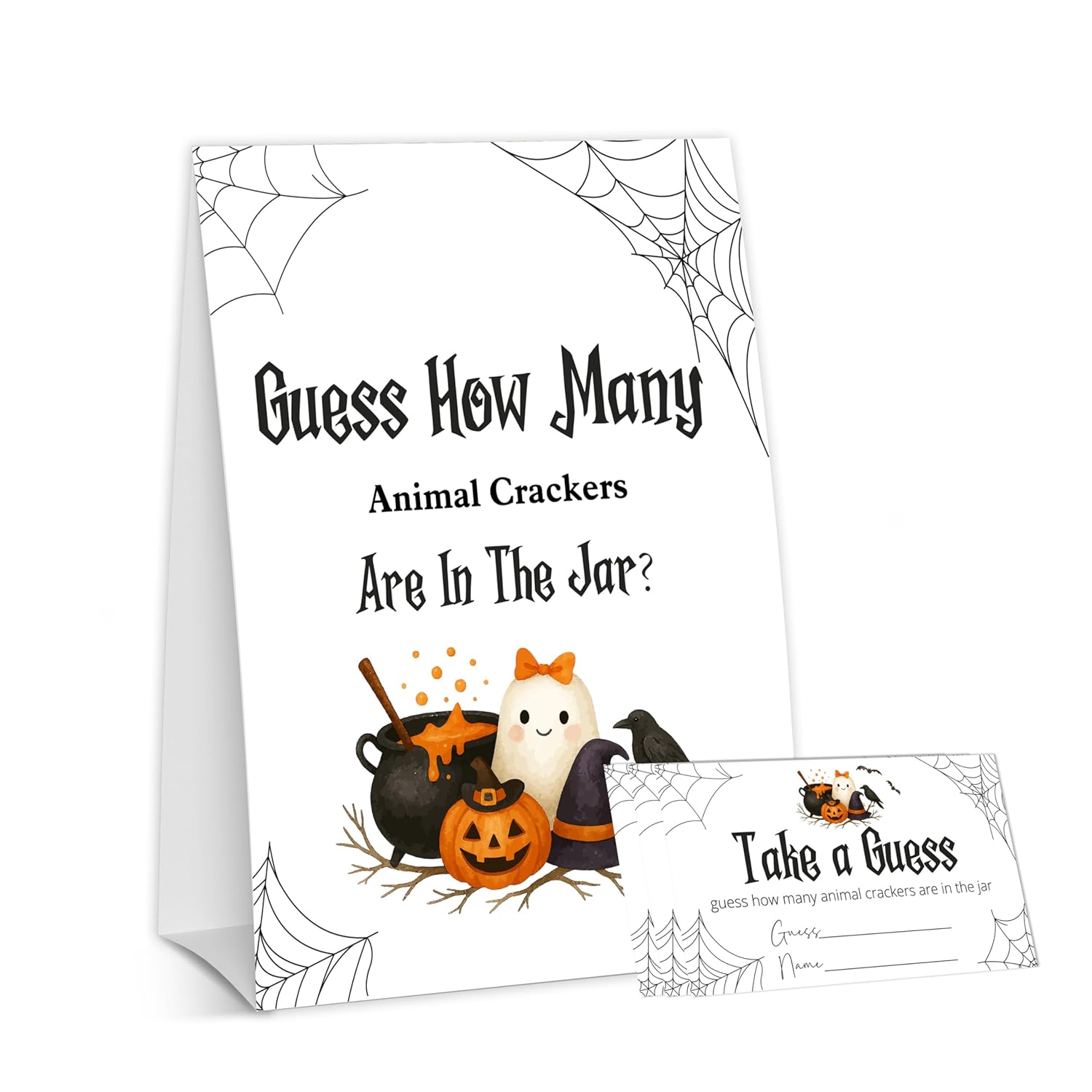 Halloween Baby Shower Games, Little Ghost Guess How Many Animal Crackers For Spooky Gender Reveal Party Decorations, 1 Sign + 50 Guessing Cards - B05