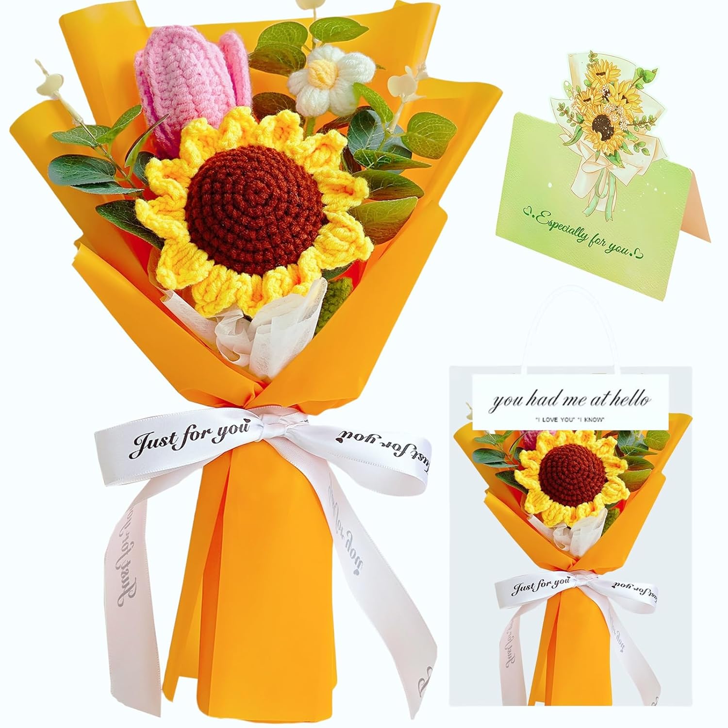 Crochet Flowers Bouquet, Knitted Sunflower For Mothers' Day, Handmade Artificial Flowers Bouquet Home Decor Gift For Women Father Christmas, Birthday Wedding Teacher’S Day Graduation