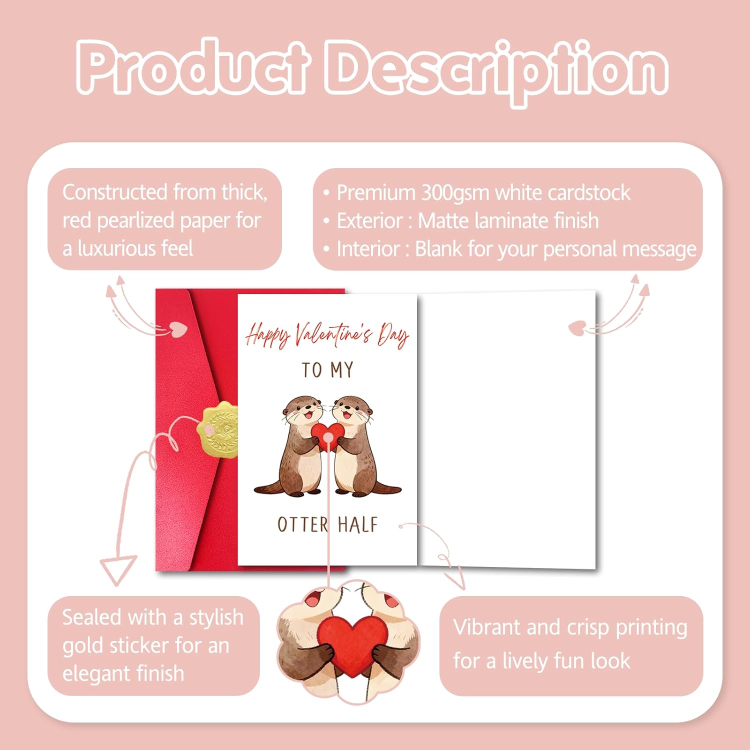 Funny Otter Valentine'S Day Card For Husband Wife, Lovely V-Day Card With Red Envelope And Sticker For Him Her Partner, Happy Valentine'S Day To My Otter Half