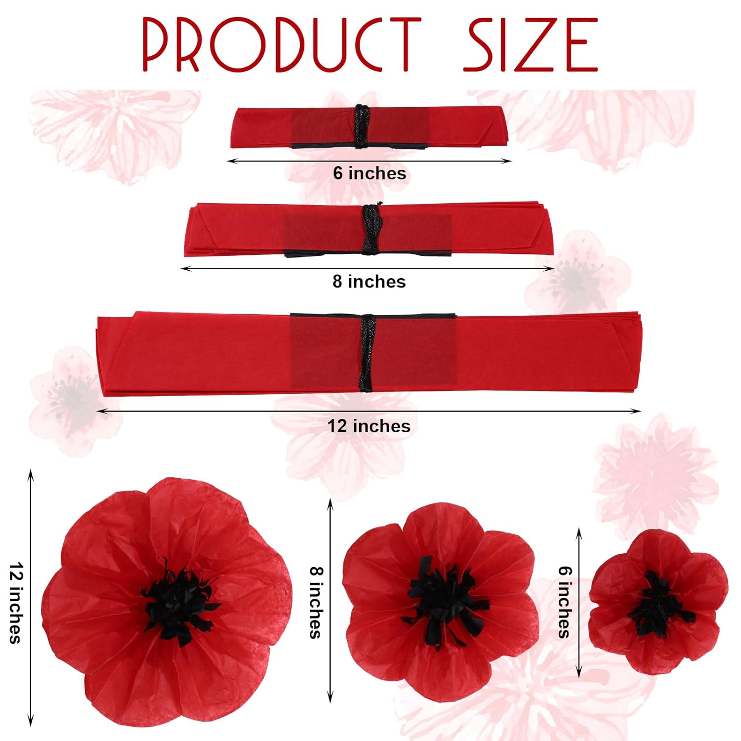 Artificial Red Poppy Flowers Memorial Day Large Poppies Fake Flowers For Halloween Birthday Carnival Back To School Party Backdrop(6,8,12 Inches,30 Pcs)