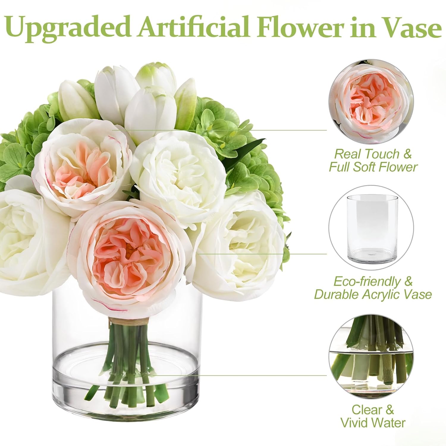 Fake Flowers In Vase - Real Touch Peonies Tulips Hydrangea Artificial Flowers With Vase, Large Faux Flowers With Lifelike Faux Water, Centerpiece Table Decorations For Coffee Table Decor