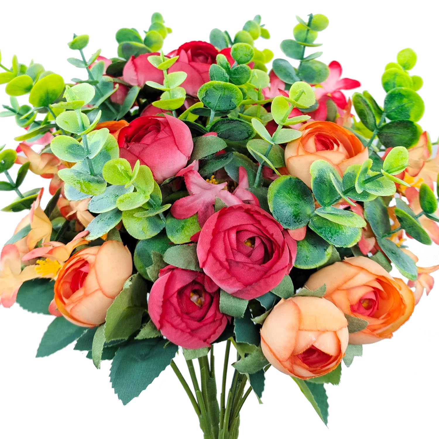 4 Bunches Peony Artificial Flowers Silk Faux Peonies With Plastic Eucalyptus Leaves Fake Bouquets For Home Indoor Outdoors Table Floral Arrangement Decoration (Red And Orange)