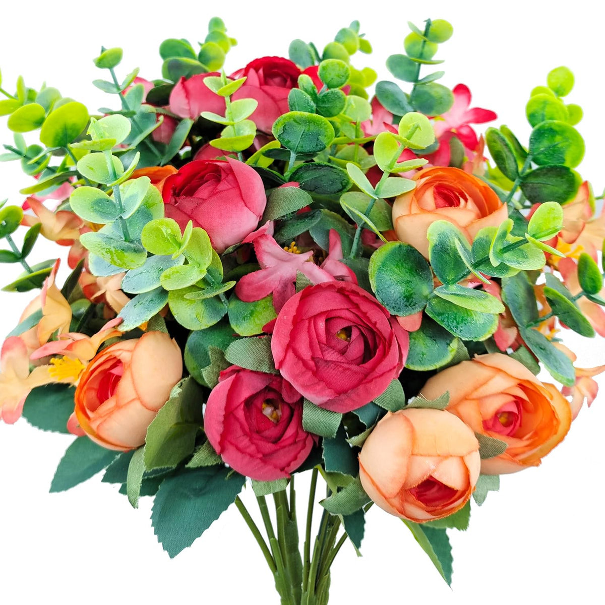 4 Bunches Peony Artificial Flowers Silk Faux Peonies With Plastic Eucalyptus Leaves Fake Bouquets For Home Indoor Outdoors Table Floral Arrangement Decoration (Red And Orange)