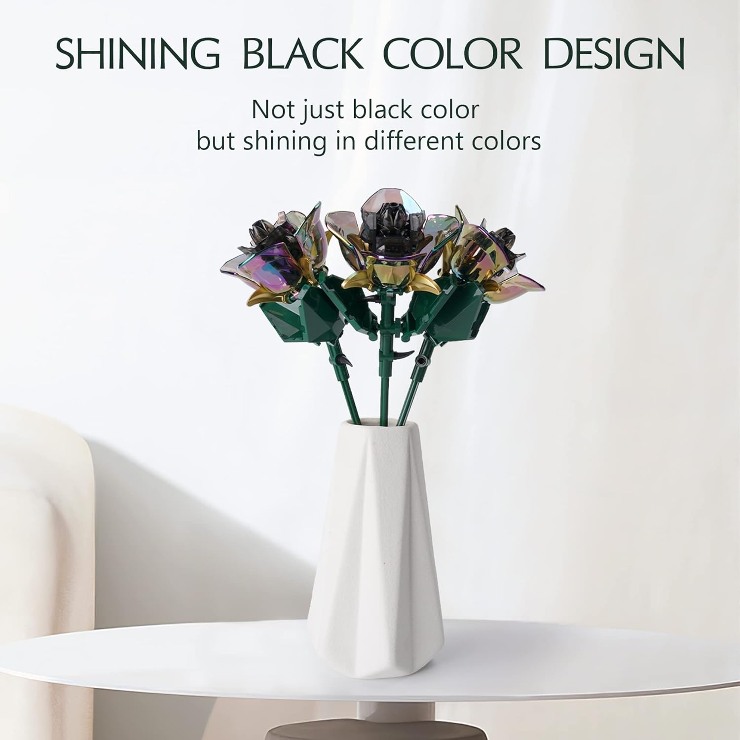 Rose Flower Bouquet Building Set,Botanical Collection Rainbow Artificial Plant Compatible With Lego Gift For Adult Home Decor(Black 120Pcs)