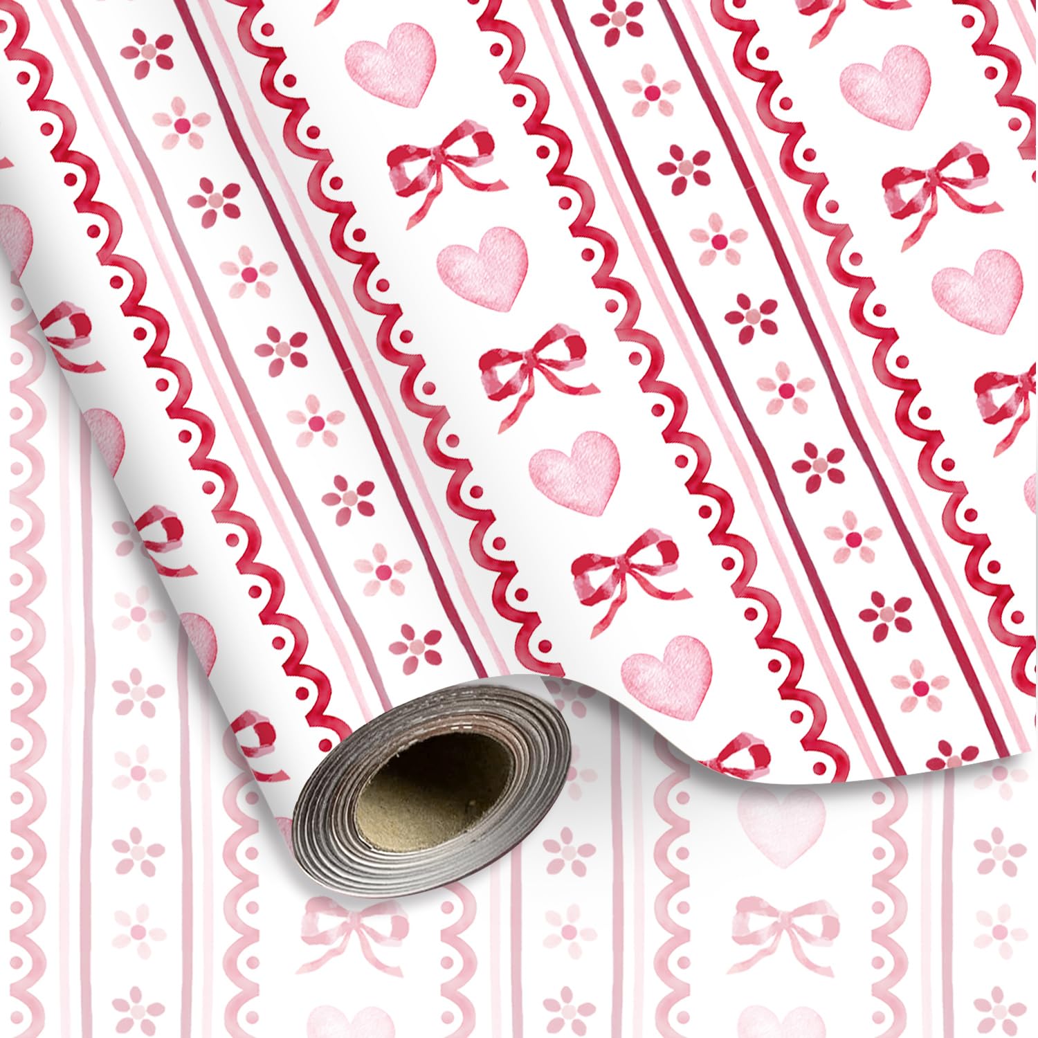 Valentine'S Day Wrapping Paper - Mini Roll - 17 Inch X 32.8 Ft Red Pink Stripe Heart Bow Gift Wrap Paper For Wedding Anniversary Party Diy Crafts