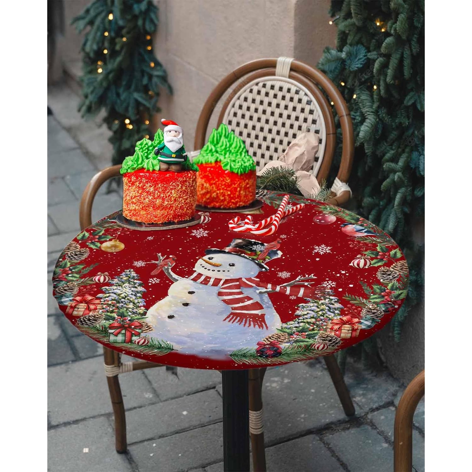 Christmas Snowman Round Table Cloth Fitted Tablecloth,Xmas Tree Wreath Red Table Cover With Elastic Edge Waterproof Table Cloth,Pine Cone Light Ball Circle Table Covers For Kitchen Indoor 36-44In