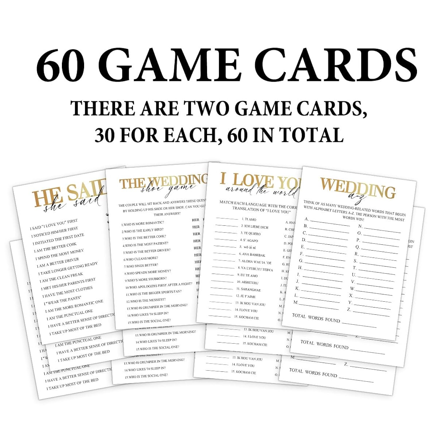 60 Pcs Gold Bridal Shower Game For Guest, Wedding Engagement Party Supplies, Included 4 Games - I Love You Around World, He Said She Said, Wedding Shoe Game, Wedding A-Z, Double-Sided
