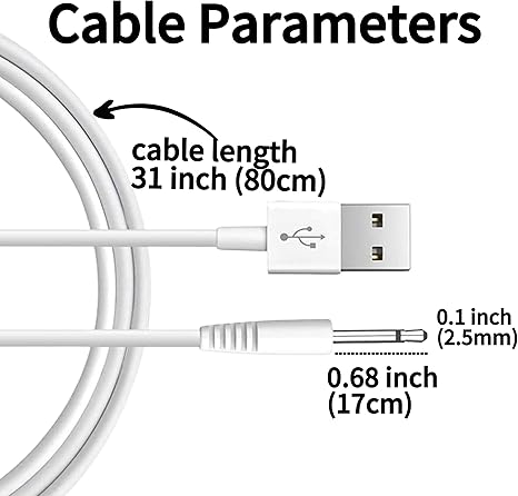 2 Pack 2.5mm DC USB Charging Cable 2.7FT Replacement Cord for Beauty Devices