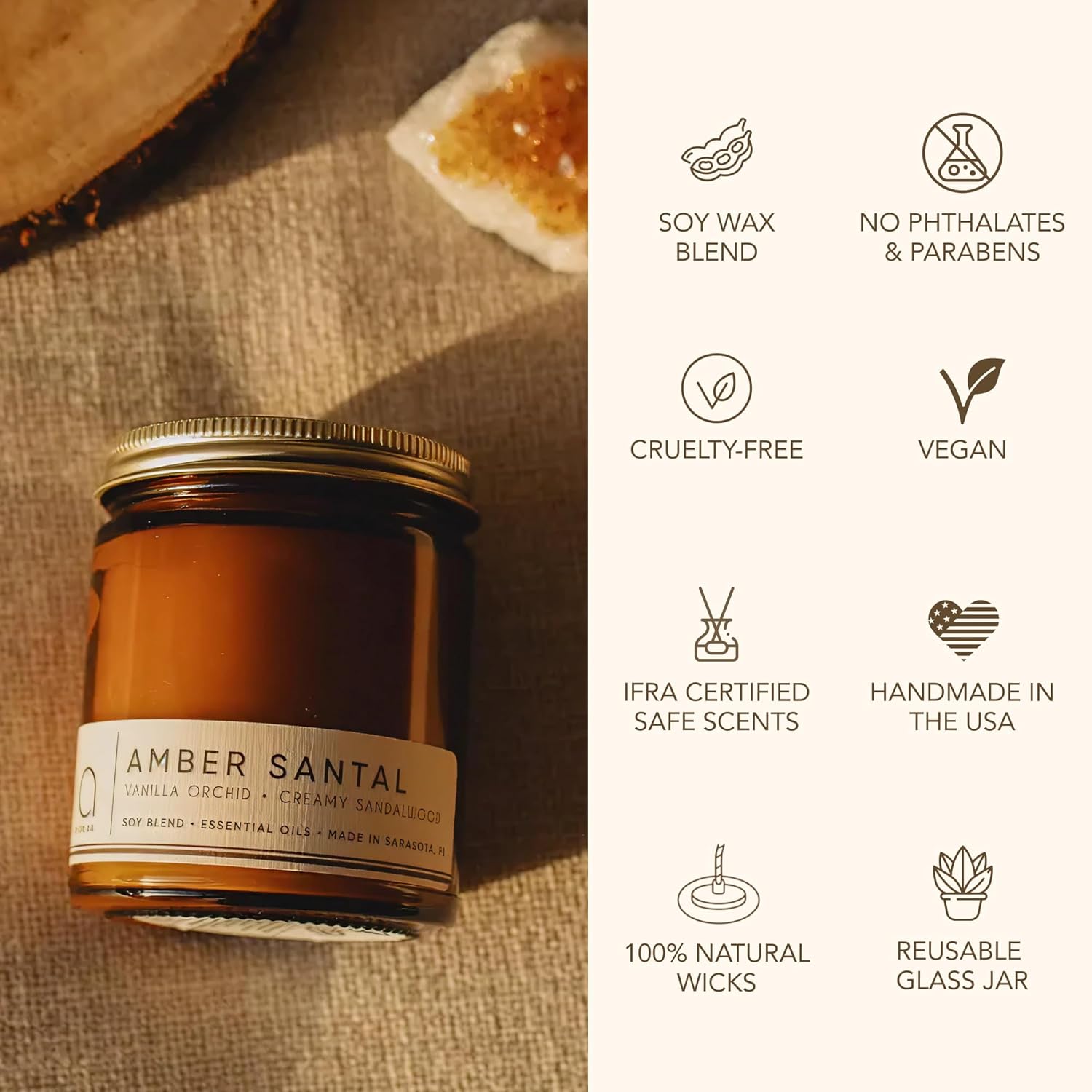 Bia Candle Co Soy Blend Candle, Vanilla & Sandalwood With Sweet Orange – Long-Lasting Clean Burn, Lead-Free Wick, Brown Glass Jar With Gold Lid – Amber Santal, 7 Oz