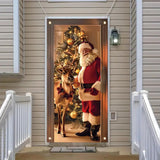Christmas Door Cover Santa And Reindeer Banner 71 X 35 Inch Gold Ornament Tree Backdrop Holiday Decoration For Front Door Winter Party Wall Hanging Merry Xmas Entryway Photo Prop