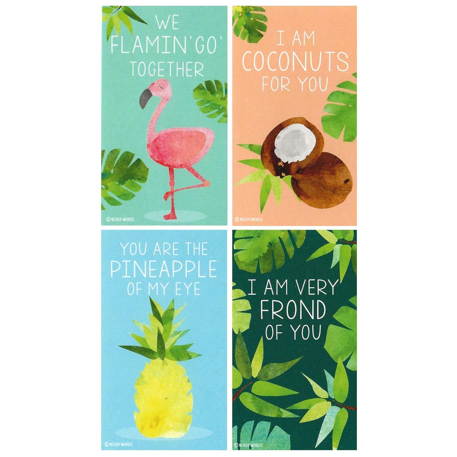 Mini Tropical Flamingo Pineapple Palm Leaf Coconut Valentines (Set Of 24, Wallet-Sized Cards) For Valentine'S Day