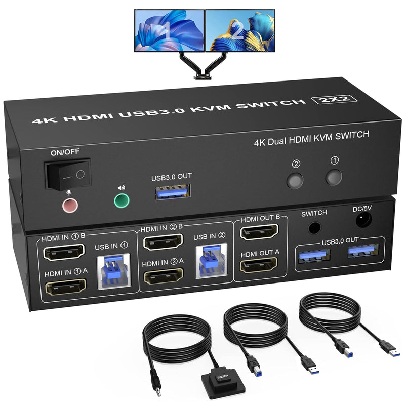 Usb 3.0 Dual Monitor Kvm Switch Hdmi 2 Port, 4K@60Hz Extended Display Kvm Swit