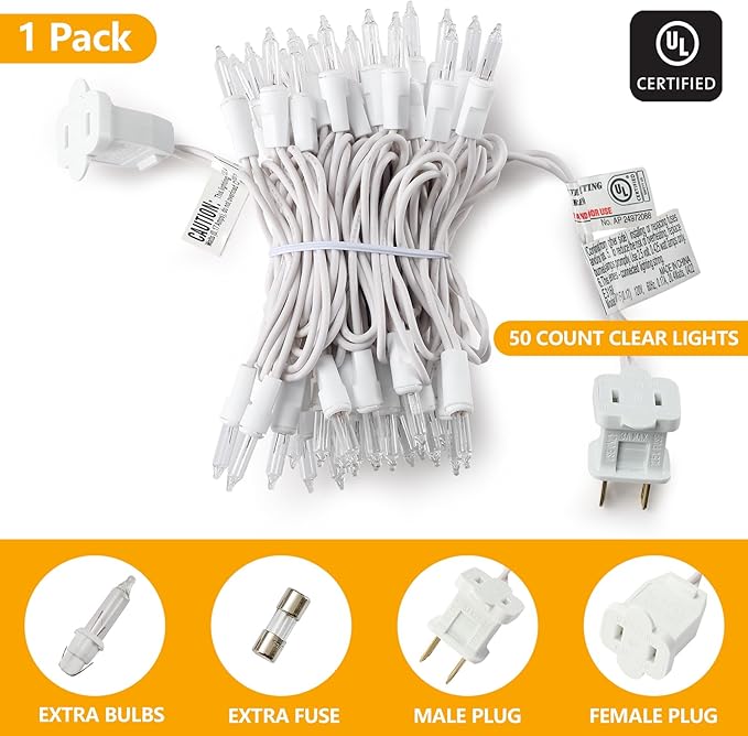 50 Count Clear Warm White Christmas String Lights 13FT Incandescent Mini Lights Plug In White Wire for Christmas Tree Mantle Wedding Party Indoor Outdoor Decor