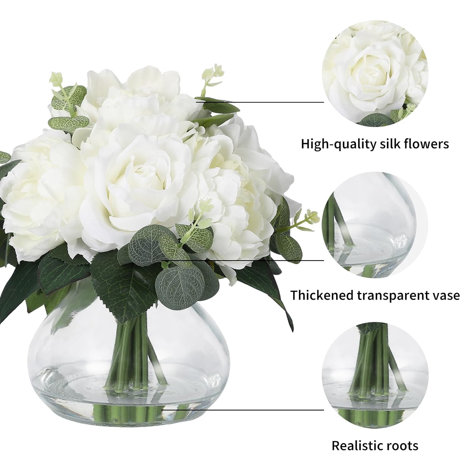 Lifelike 4 Roses + 4 Peonies In Glass Vase With Faux Water, Artificial Flower Arrangements For Wedding & Home Table Centerpieces