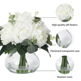 Lifelike 4 Roses + 4 Peonies In Glass Vase With Faux Water, Artificial Flower Arrangements For Wedding & Home Table Centerpieces