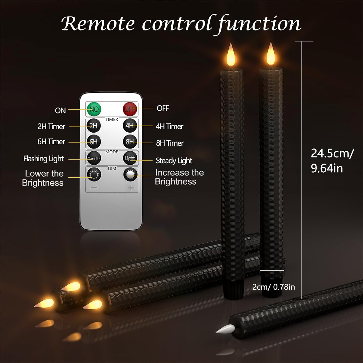 Black Flameless Taper Candles, 9.7” Real Wax Window Candles Battery Operated With Remote & Timer, Honeycomb Led Candlesticks Flickering For Room Home Christmas Valentine'S Day Decor, 6Pcs