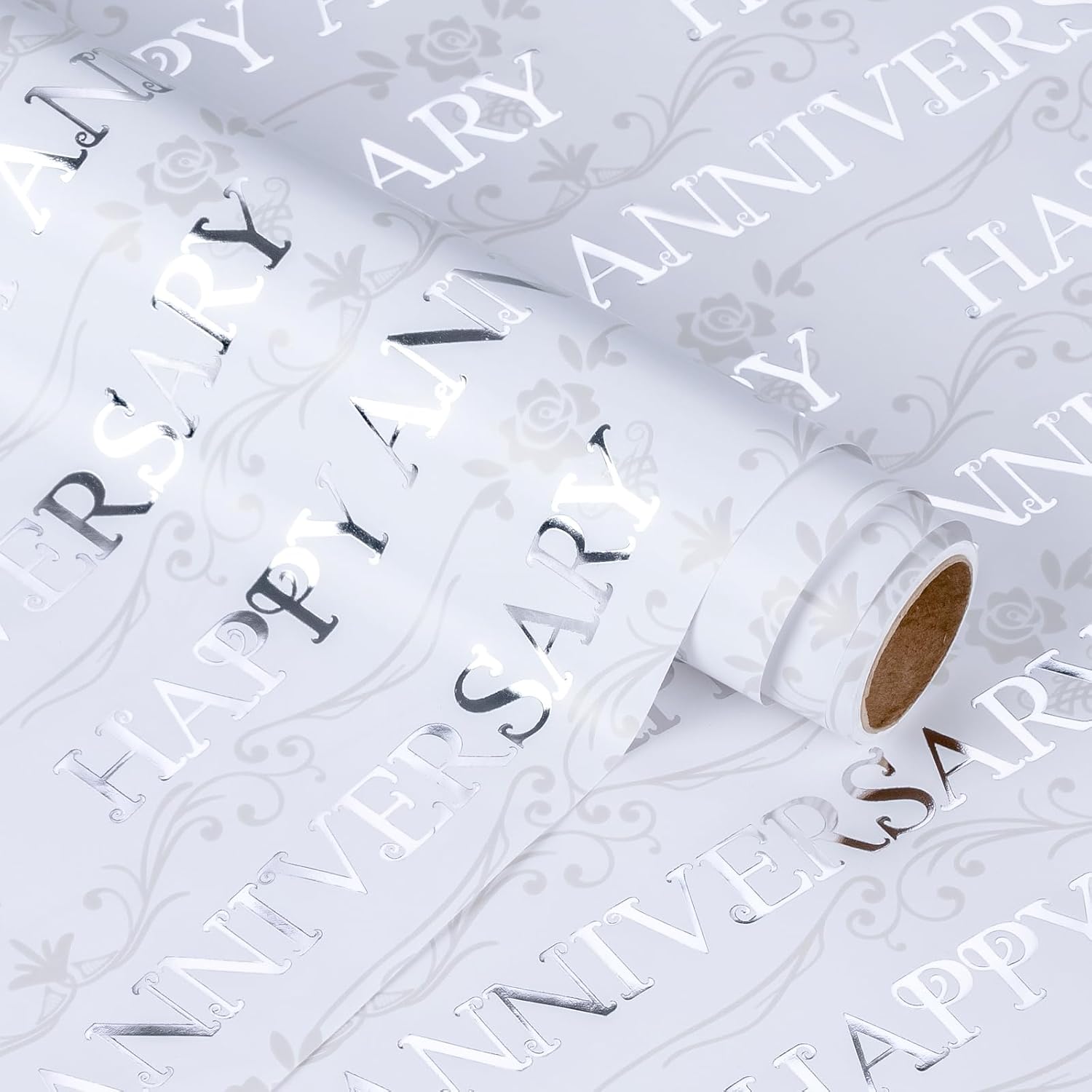 Happy Anniversary Wrapping Paper Roll - Mini Roll - 17 Inch X 16.5 Feet - Silver Foil Happy Anniversary Lettering Design Perfect For Celebration, Party