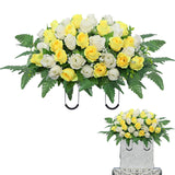 Artificial Cemetery Flowers Saddle - Grave Decoration Headstone Flower Rose For Outdoor Grave Decorations (Yellow White)