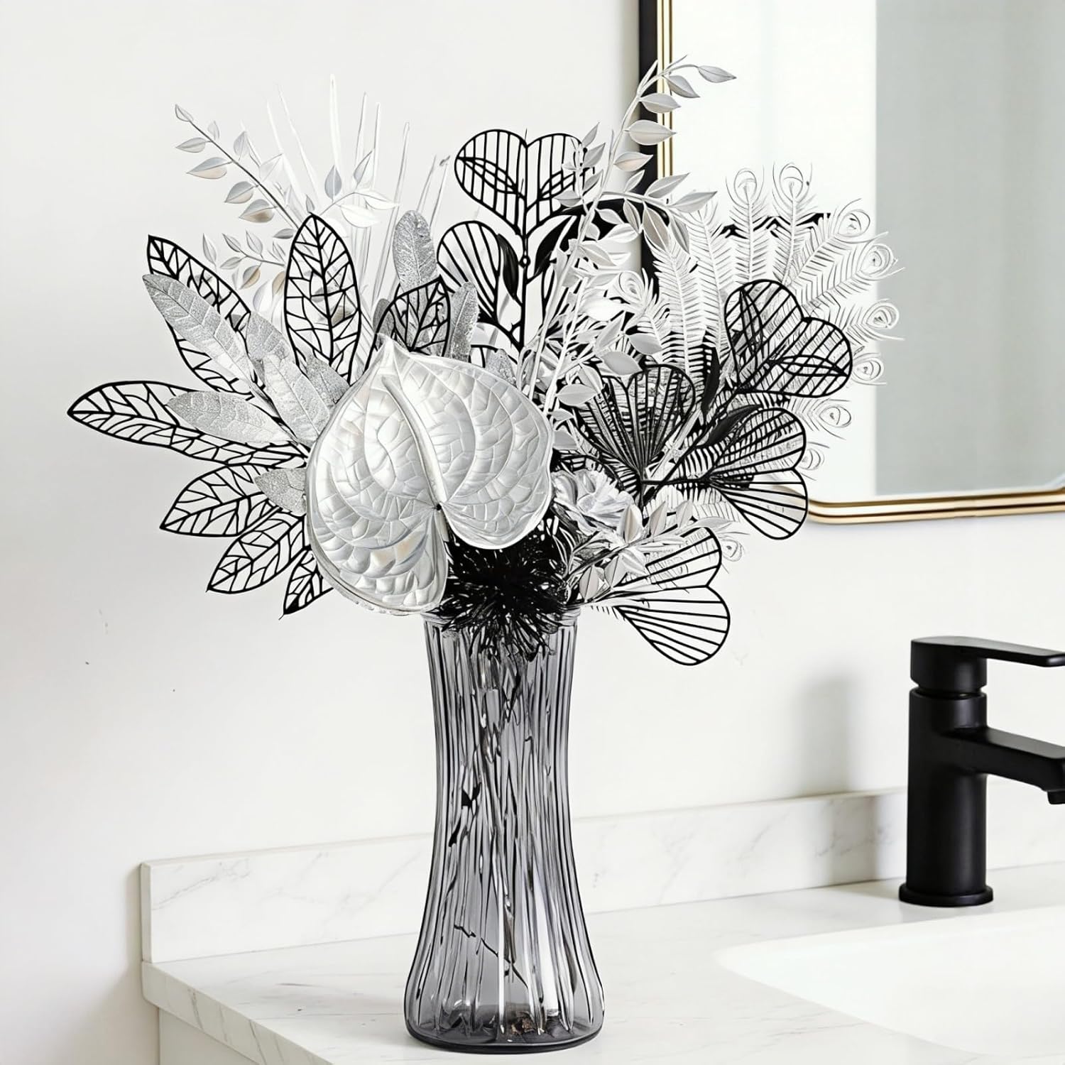 Modern Silver & Black Artificial Flower Bouquet - Metallic Faux Floral Arrangement For Home Decor, Bathroom/Table Centerpiece, Minimalist Decorative Fake Plants