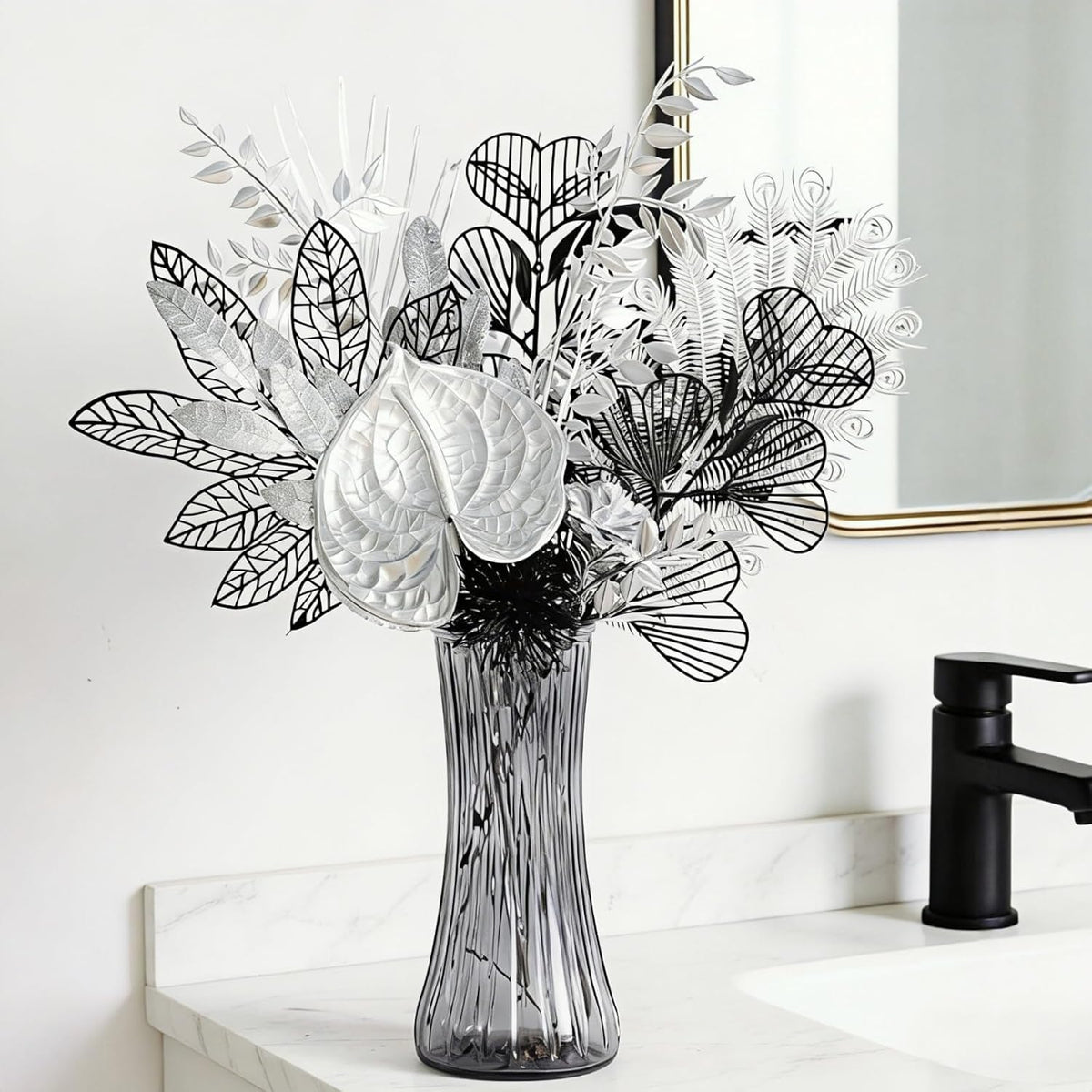 Modern Silver & Black Artificial Flower Bouquet - Metallic Faux Floral Arrangement For Home Decor, Bathroom/Table Centerpiece, Minimalist Decorative Fake Plants