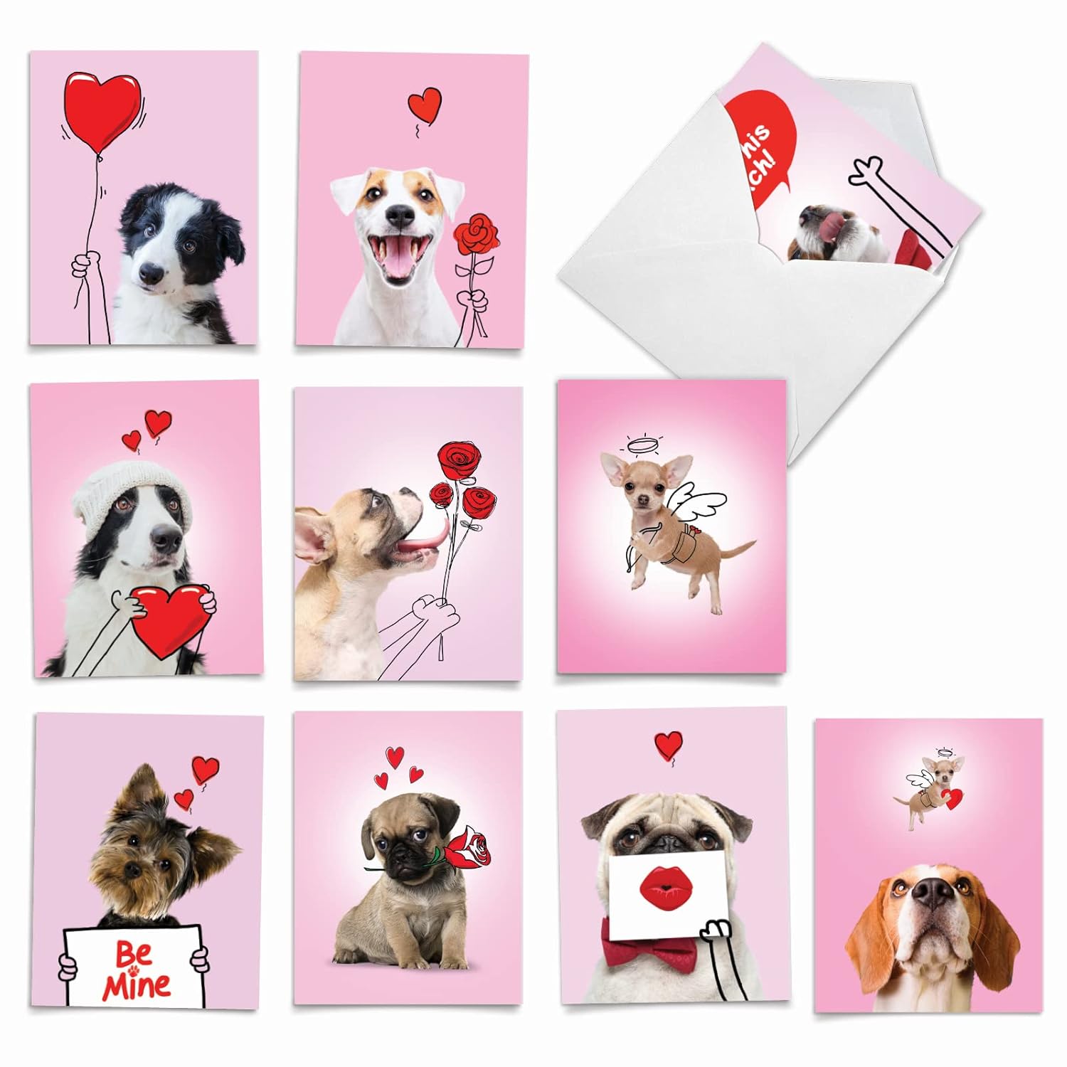 - 10 Assorted Valentine'S Day Note Cards (4 X 5.12 Inch) - Boxed Valentine Cards, Bulk Set With Envelopes - Dog Love Doodles Am9187Vdg-B1X10