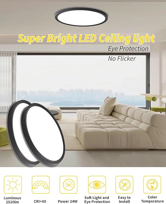 6 Pack 12 Inch Black LED Ceiling Lights 2520LM 3CCT Super Slim Flush Mount Fixtures