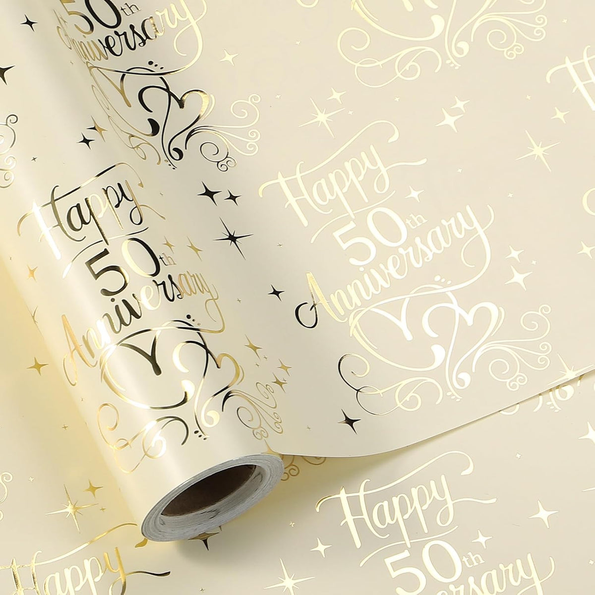 Happy 50Th Anniversary Wrapping Paper Roll, Gold Foil 50Th Anniversary & Hearts, Golden Wedding Anniversary Party Favors For Couple, Parents, Mini Roll, 17 Inches X 16.4 Feet
