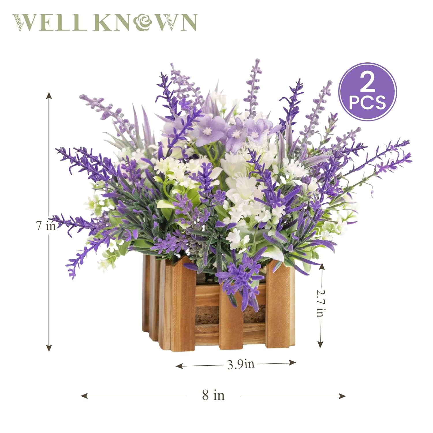 Artificial Lavender Plants In Wooden Baskets, Artificial Mini White Flower Arrangement In Planter For Home Hotel Office Table Wedding Centerpieces & Gift(Set Of 2)