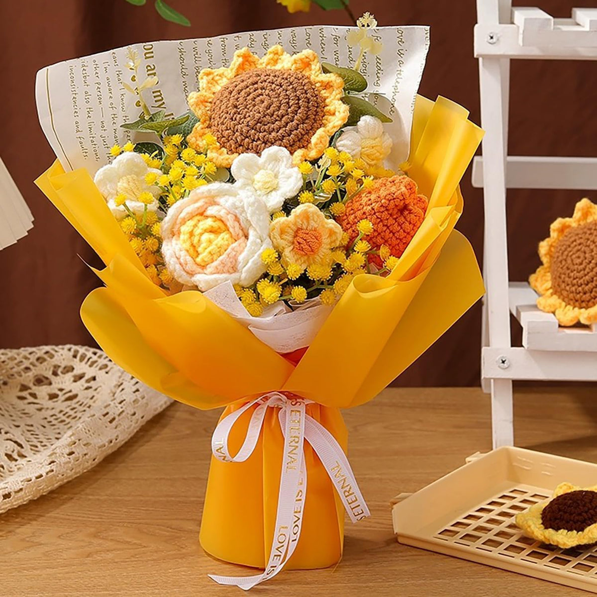 Crochet Flowers Bouquet, Handmade Knitted Sunflower Rose Tulip Puff Flower Bouquet, Gift For Mother Wife On Birthday Valentines Anniversary