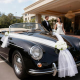 Wedding Car Decoration With White Satin Ribbons & Artificial Flowers – Just Married Vehicle Decor For Bridal Shower, Wedding Ceremony