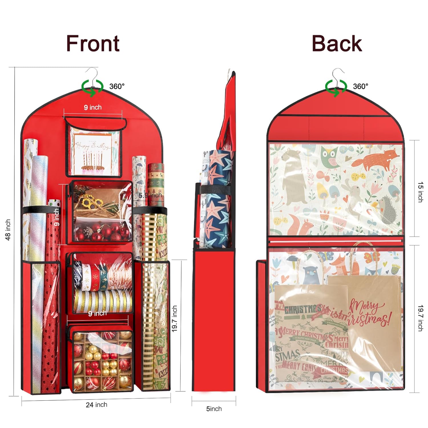 Hanging Gift Wrapping Paper Storage, 48X24 (Extra Large) Red Double-Sided Christmas Wrapper Bag Container, Oxford Long Craft Roll Organizer, Present Wrap Holder For Closet, Door