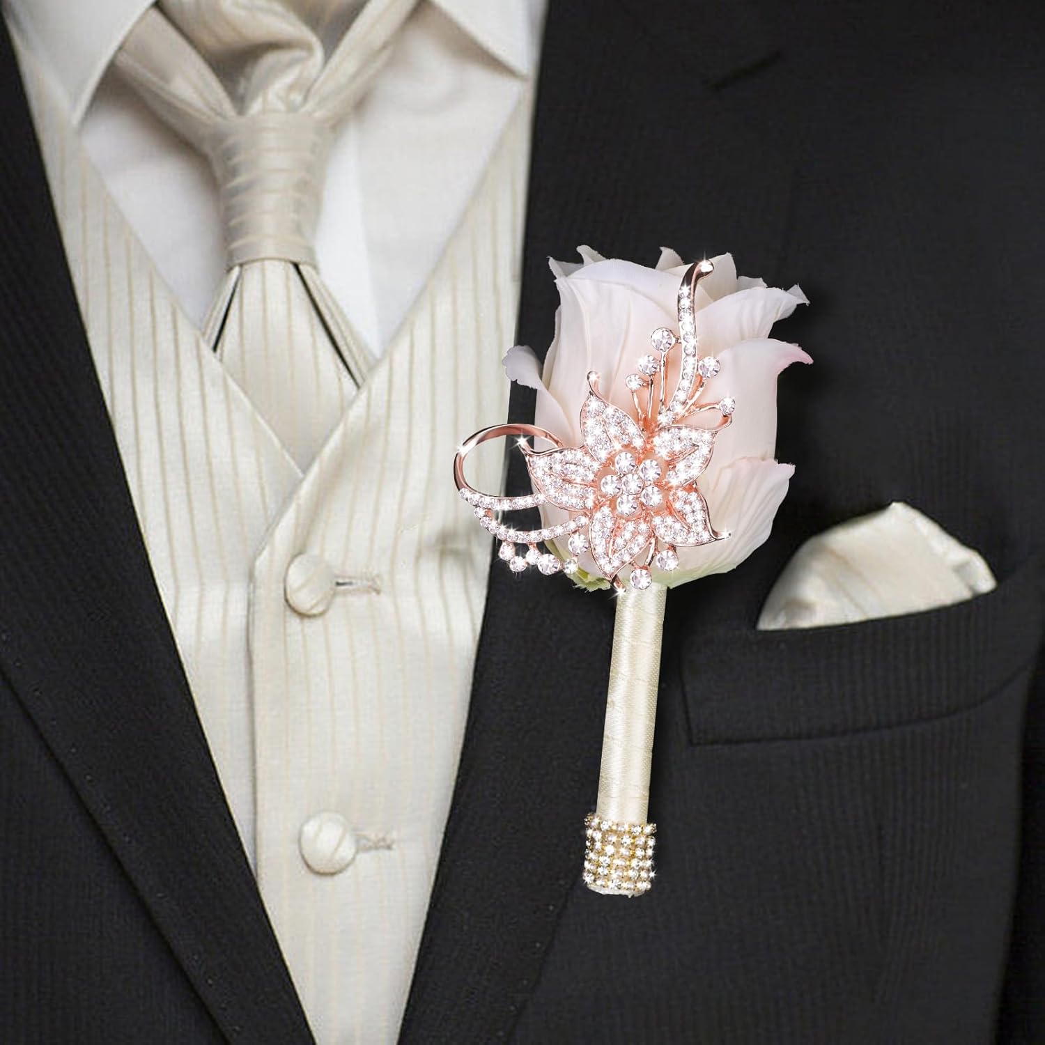 Vijiv Bling Boutonniere for Men Wedding, Pocket Boutonniere with Pins for Groomsmen Groom Suit, Artificial Rose Flowers for Prom Ceremony Anniversary Formal Dinner Party, Ivory