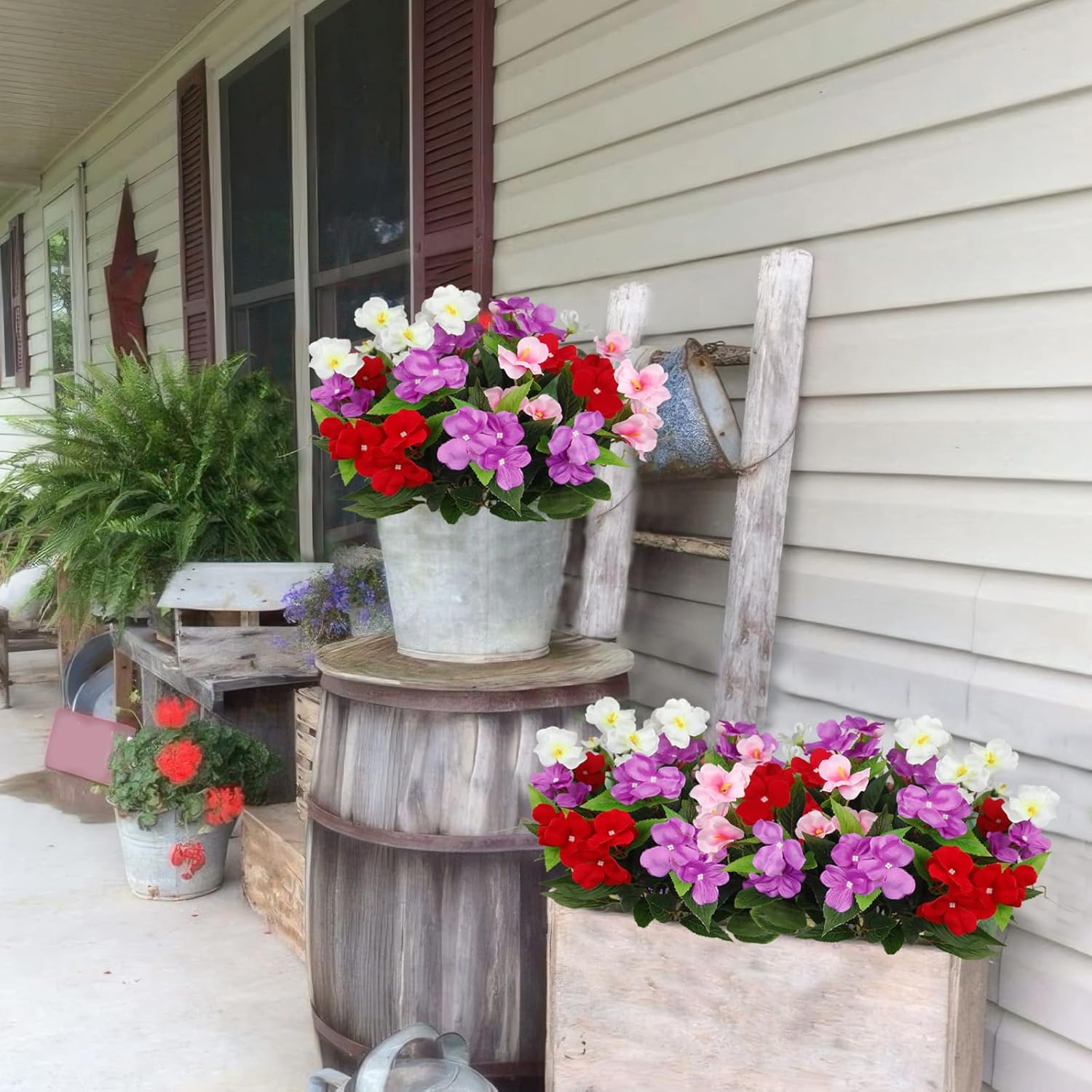4 Pcs Artificial Flowers For Outdoors Uv Resistant Silk Impatiens And Artificial Hibiscus Flowers Fake Plant Greenery Faux Impatiens For Outdoor Planters Spring Summer Porch Patio Balcony