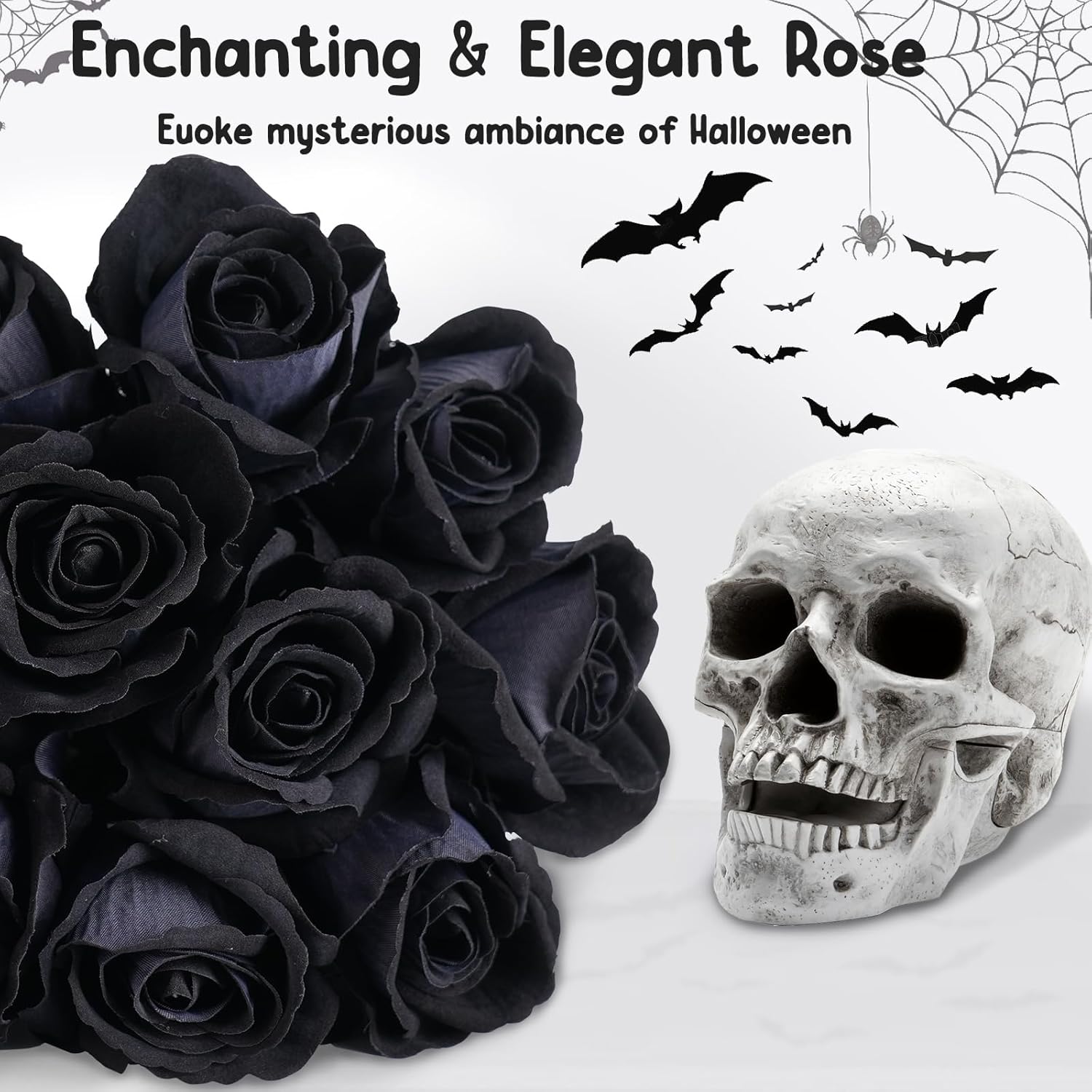 12 Pcs Black Roses Artificial Flowers With Long Stem, Faux Silk Rose Bouquet Realistic Lifelike Fake Floral Bundles For Halloween Valentine'S Day Wedding Party Table Centerpiece Decor, Small