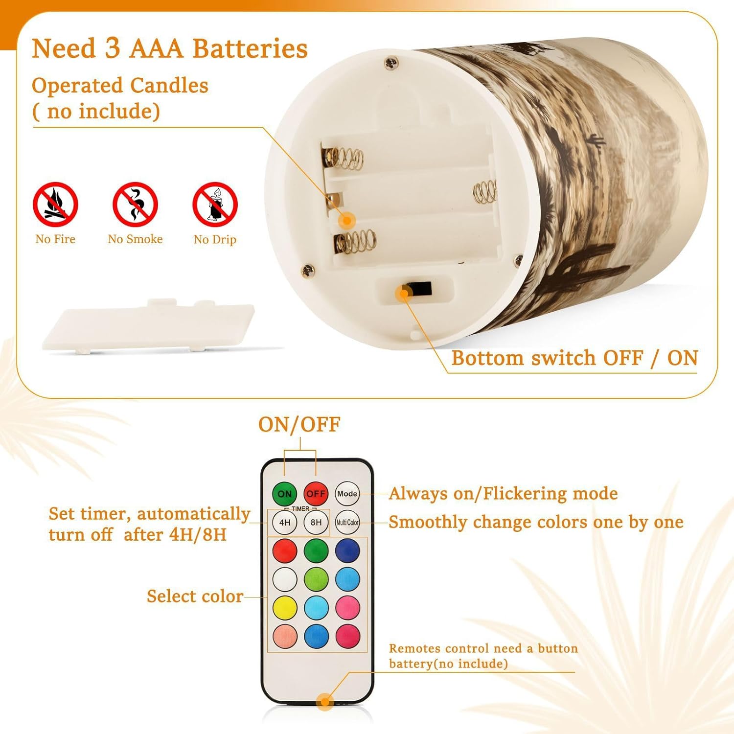 Western Desert Cowboy Flameless Candles With Remote Control And Timer, Adjustable Brightness Long Lasting Battery Operated Led Pillar Candles For Indoor Outdoor Party Home Decor, 2 Pack