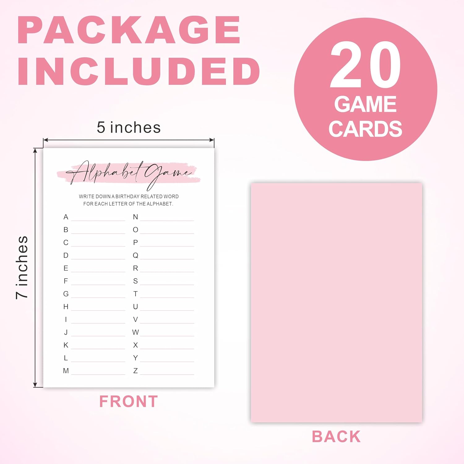 Minimalism Birthday Party Game Cards - Alphabet Game - 20 Blush Double-Sided Fill In Style Birthday Party Game Cards For Adults, Party Supplies & Activities - A07