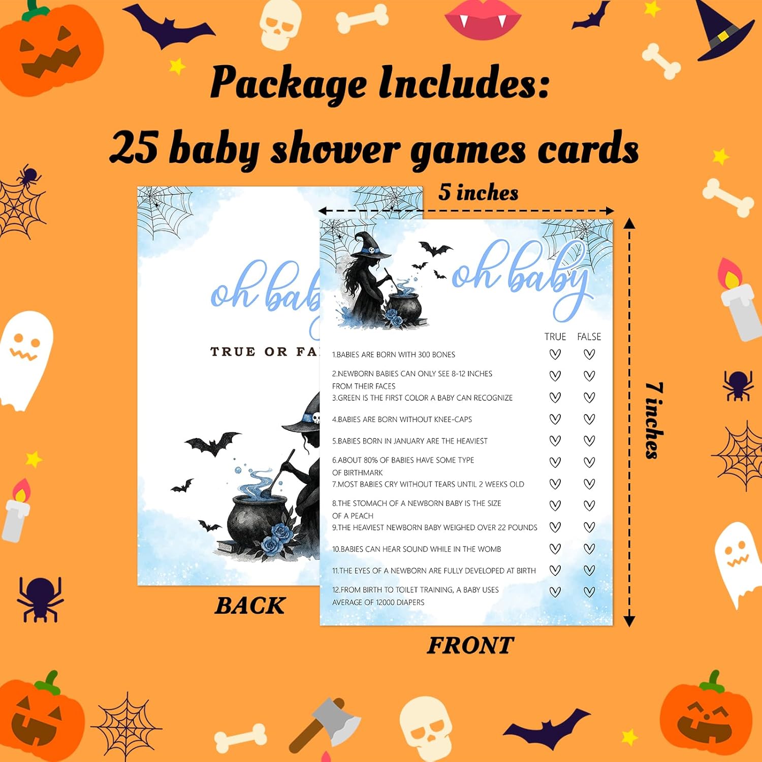 Hilarious Baby Shower Games, 25 Sets Halloween Oh Baby True Or False + Answer Card, Blue Witch Gender Reveal Game Cards For Party Announcement Supplies - B06