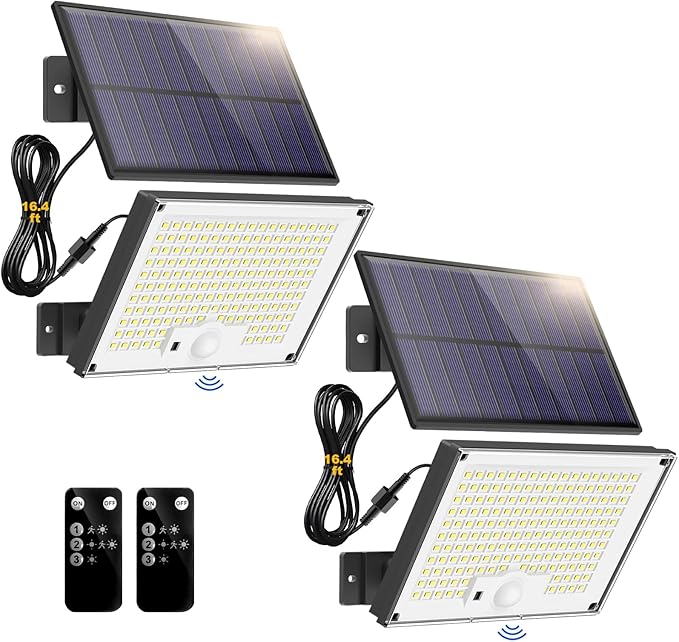 2 Pack 172 LED Solar Motion Sensor Lights IP65 Waterproof Split Security Lights with Remote