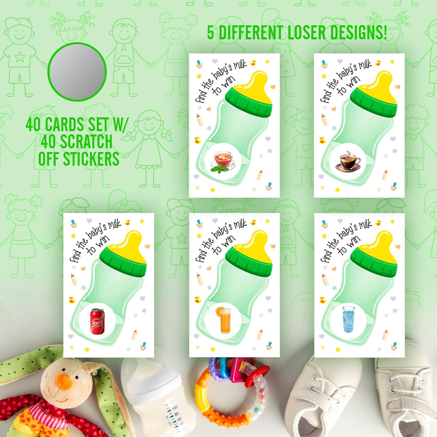 Find The Babys Milk Scratch Off Game, Gender Neutral Baby Shower Easy To Play Silly Games, Gender Reveal Funny Idea, Ice Breaker Activity. Raffle Cards, Green Bottle, Set Of 40 Cards Made In Usa